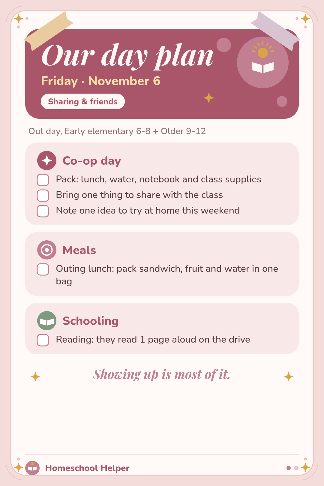 Co-op day with a packing list